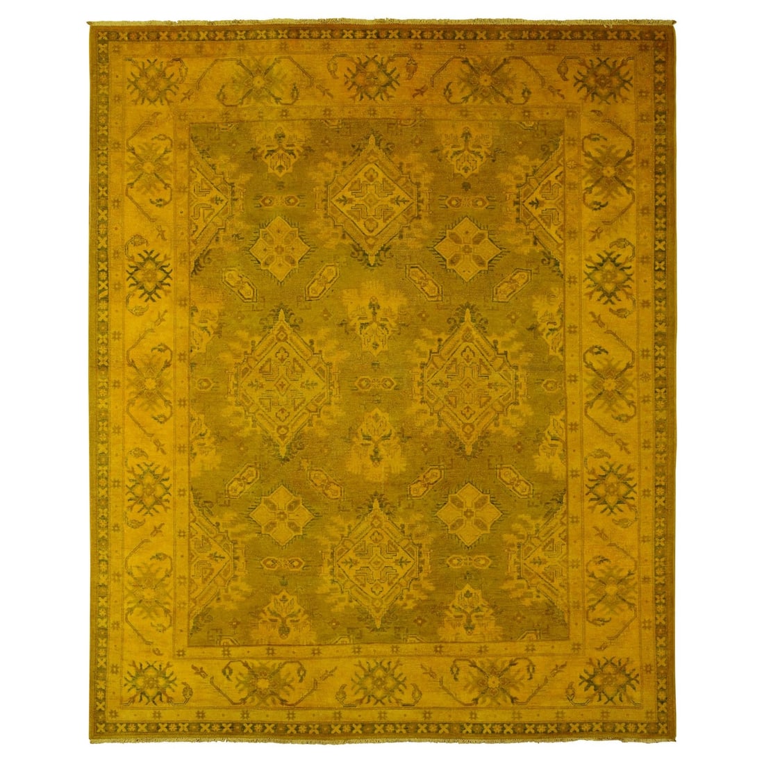Rug 7'6"x9'5" Golden Overdyed Kazak Medallions Design Wool Hand Knotted: Rug 7'6"x9'5" Golden Overdyed Kazak Medallions Design Wool Hand Knotted This listing features Rug 7'6"x9'5" Golden Overdyed Kazak Medallions Design Wool Hand Knotted. Item specifics are provided below