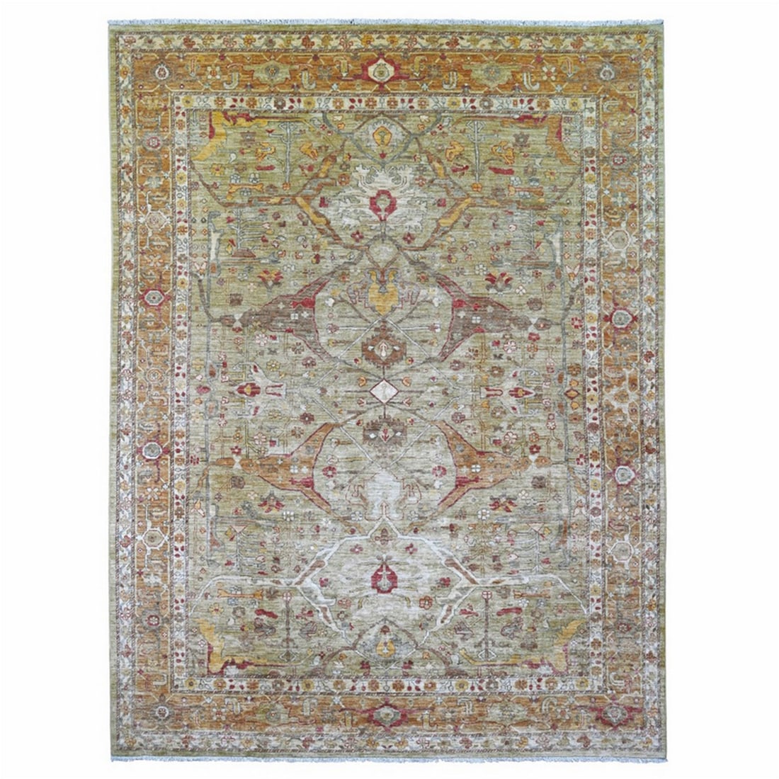 Rug 8'9"x11'7" Green Hand Knotted Peshawar with Bijar Garus Design Wool: Rug 8'9"x11'7" Green Hand Knotted Peshawar with Bijar Garus Design Wool This listing features Rug 8'9"x11'7" Green Hand Knotted Peshawar with Bijar Garus Design Wool. Item specifics are provided below