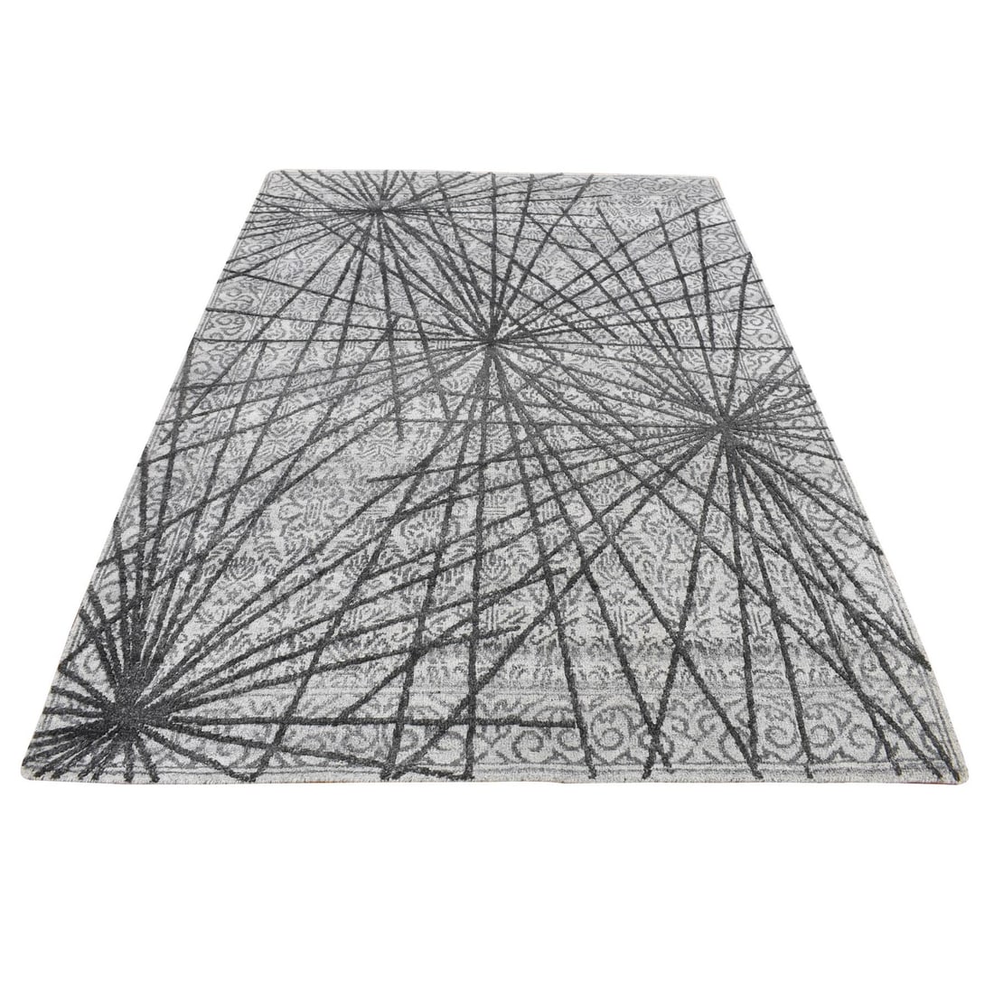 Rug 5'6"x7'9" Gainsboro Gray Spider Web Design Wool and Silk Hand Knotted (1 of 8)