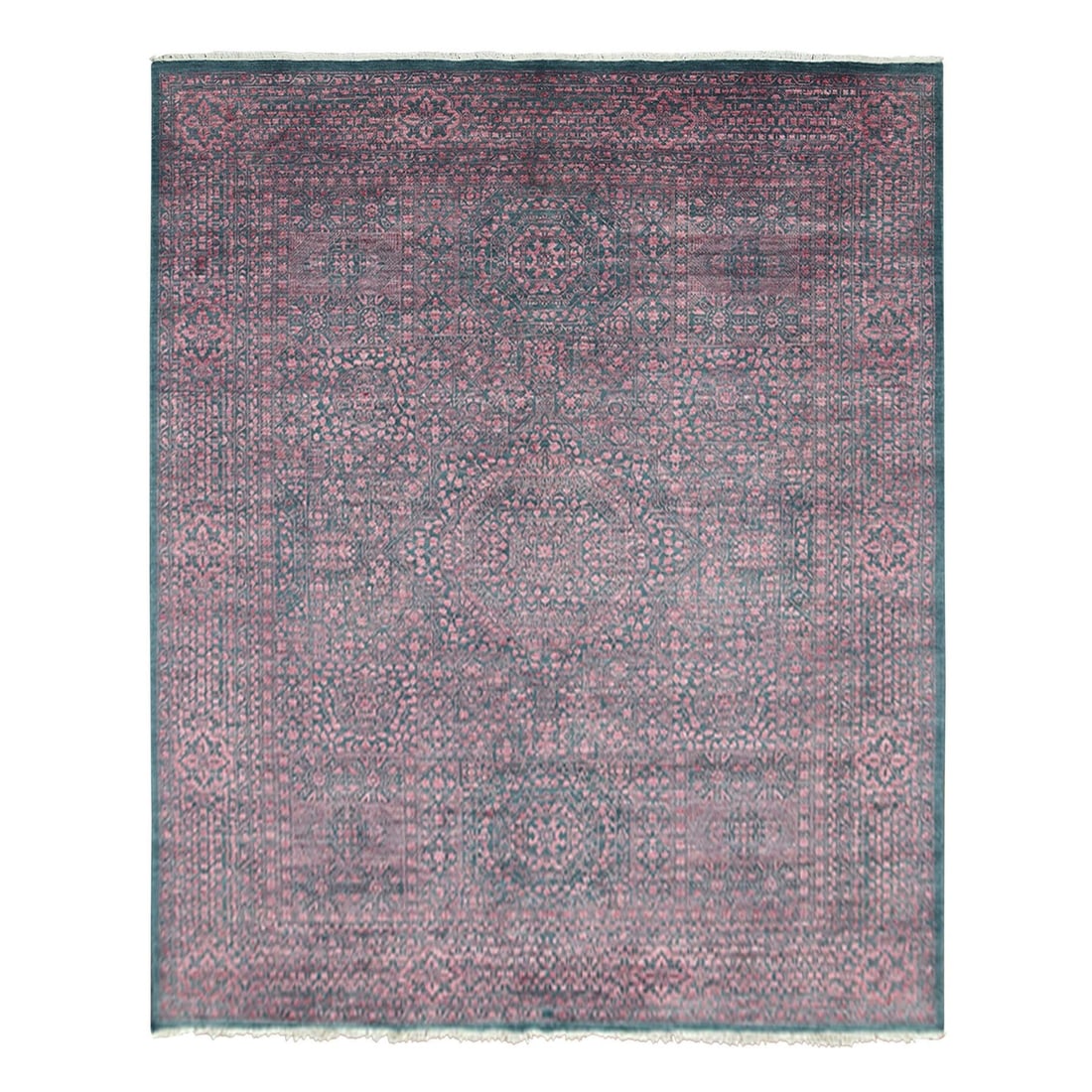 Rug 8'x9'9" Dark Green Obscured Mamluk Design Wool and Silk Hand Knotted: Rug 8'x9'9" Dark Green Obscured Mamluk Design Wool and Silk Hand Knotted This listing features Rug 8'x9'9" Dark Green Obscured Mamluk Design Wool and Silk Hand Knotted. Item specifics are provided bel