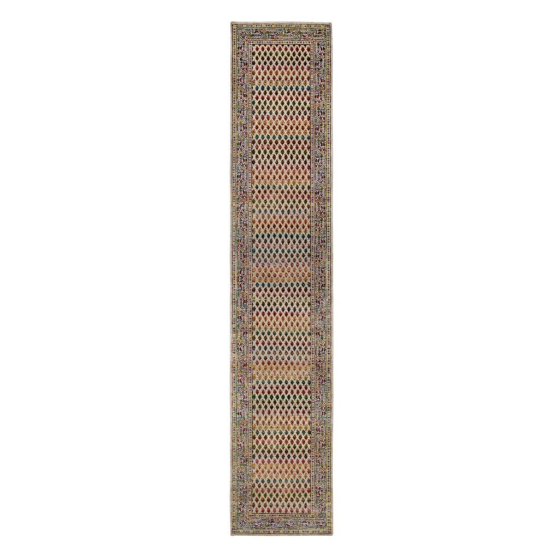 Rug 2'5"x12' Beige Saroogh Wool And Sari Silk Hand Knotted Runner: Rug 2'5"x12' Beige Saroogh Wool And Sari Silk Hand Knotted Runner This listing features Rug 2'5"x12' Beige Saroogh Wool And Sari Silk Hand Knotted Runner. Item specifics are provided below. Item Speci