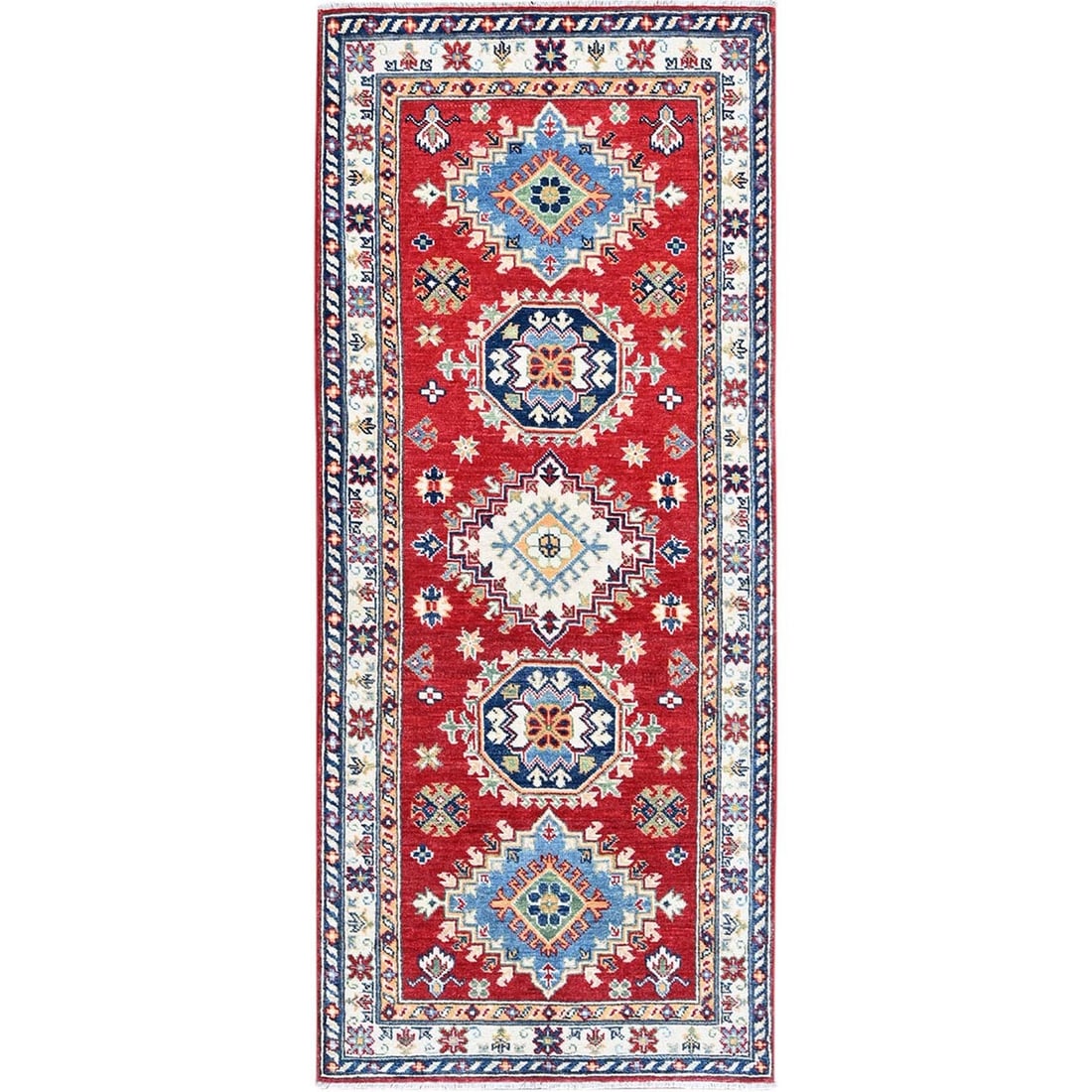 Rug 2'9"x6'7" Red Kazak with Medallions Design All Wool Hand Knotted Runner: Rug 2'9"x6'7" Red Kazak with Medallions Design All Wool Hand Knotted Runner This listing features Rug 2'9"x6'7" Red Kazak with Medallions Design All Wool Hand Knotted Runner. Item specifics are provid