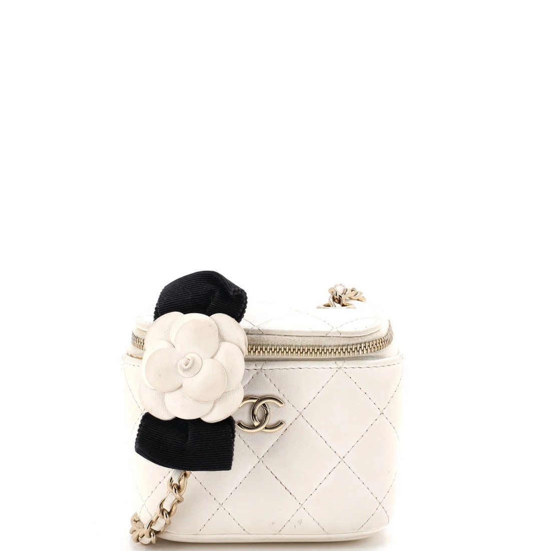 Mini Chanel Camellia Bow Vanity Case with Chain Quilted Lambskin: Mini Chanel Camellia Bow Vanity Case with Chain Quilted Lambskin This listing features Mini Chanel Camellia Bow Vanity Case with Chain Quilted Lambskin. Item specifics are provided below. Item Specifi