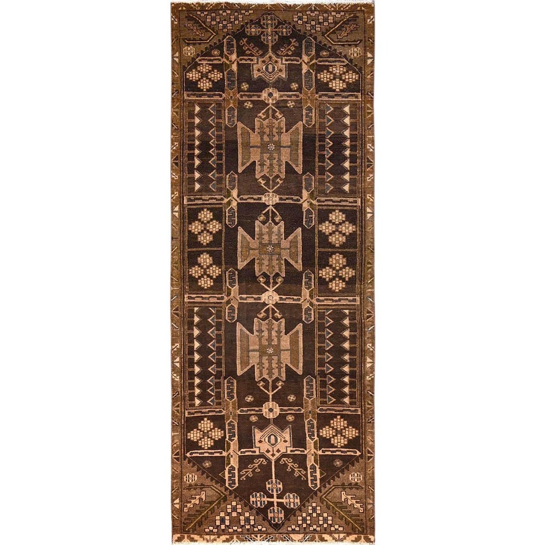 Rug 3'5"x9'3" Brown Vintage Zoroastrian Zero Pile Hand Knotted Wool Runner: Rug 3'5"x9'3" Brown Vintage Zoroastrian Zero Pile Hand Knotted Wool Runner This listing features Rug 3'5"x9'3" Brown Vintage Zoroastrian Zero Pile Hand Knotted Wool Runner. Item specifics are provided