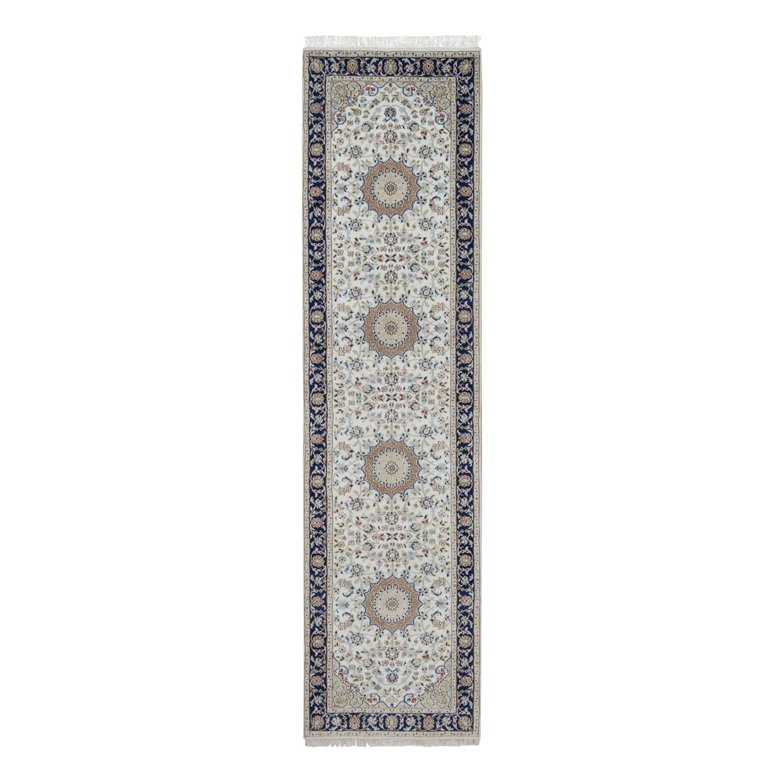 Rug 2'8"x10'3" Ivory Nain Medallion Motif Wool & Silk Hand Knotted Runner: Rug 2'8"x10'3" Ivory Nain Medallion Motif Wool & Silk Hand Knotted Runner This listing features Rug 2'8"x10'3" Ivory Nain Medallion Motif Wool & Silk Hand Knotted Runner. Item specifics are provided b