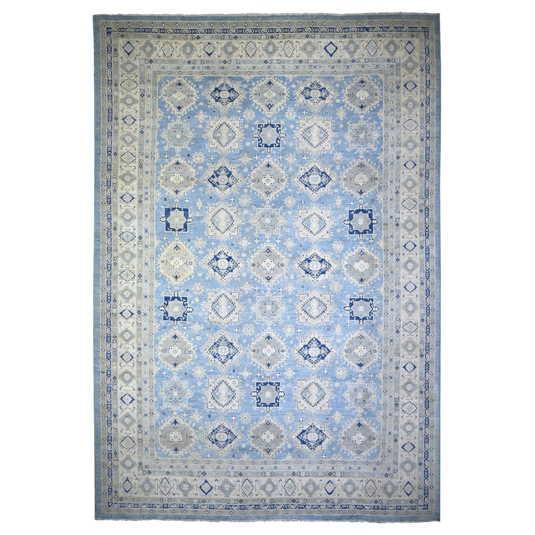Rug 12'1"x17'4" Beau Blue Vintage Look Kazak Hand Knotted Wool Oversized: Rug 12'1"x17'4" Beau Blue Vintage Look Kazak Hand Knotted Wool Oversized This listing features Rug 12'1"x17'4" Beau Blue Vintage Look Kazak Hand Knotted Wool Oversized. Item specifics are provided bel