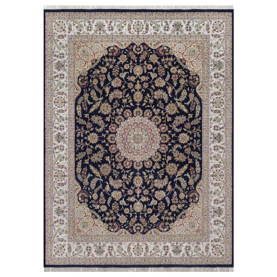 Rug 9'x12'2" Midnight Blue Nain Flower Design Wool and Silk Hand Knotted: Rug 9'x12'2" Midnight Blue Nain Flower Design Wool and Silk Hand Knotted This listing features Rug 9'x12'2" Midnight Blue Nain Flower Design Wool and Silk Hand Knotted. Item specifics are provided bel