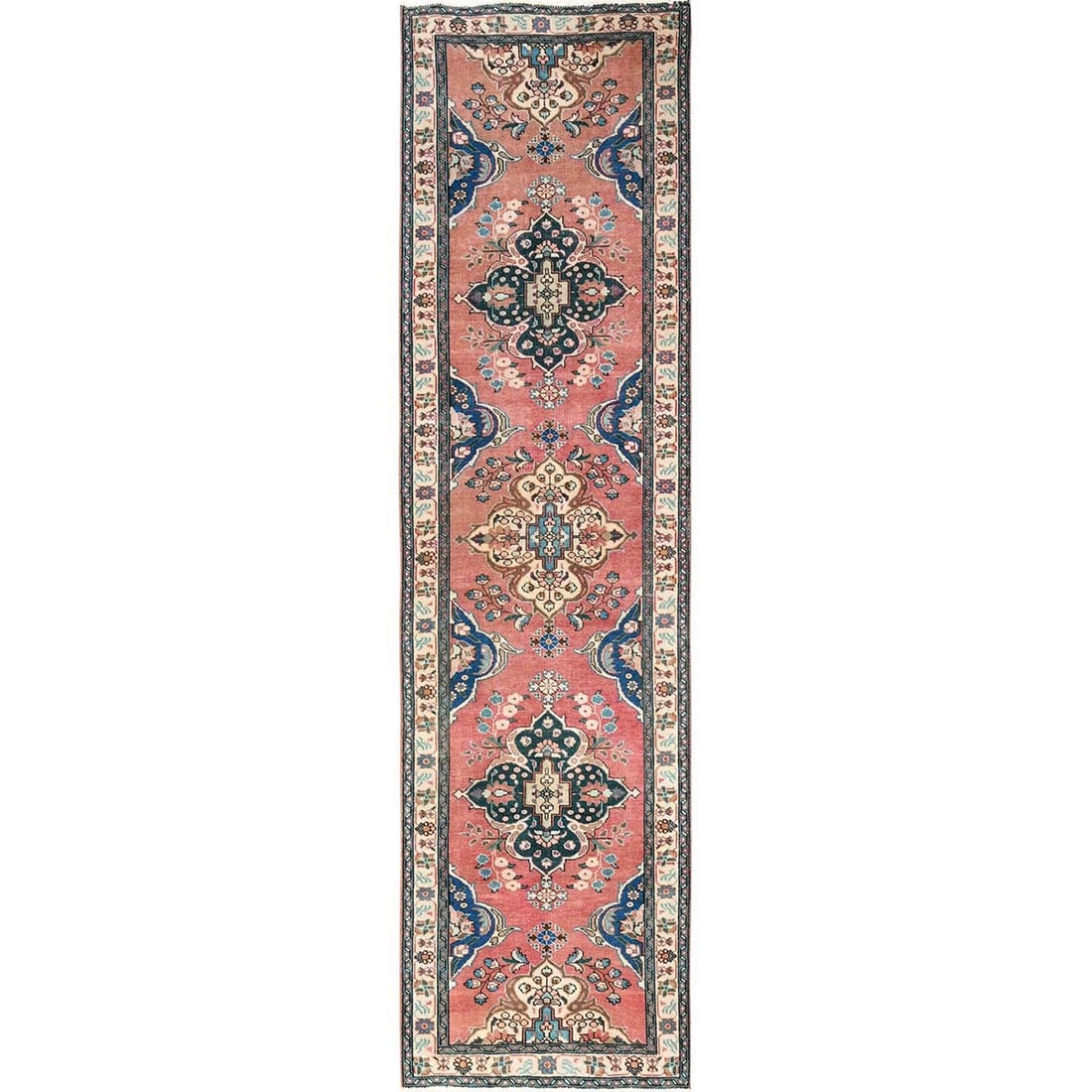 Rug 2'9"x11'1" Pink Vintage Zoroastrian Tebraz Hand Knotted Wool Runner: Rug 2'9"x11'1" Pink Vintage Zoroastrian Tebraz Hand Knotted Wool Runner This listing features Rug 2'9"x11'1" Pink Vintage Zoroastrian Tebraz Hand Knotted Wool Runner. Item specifics are provided below