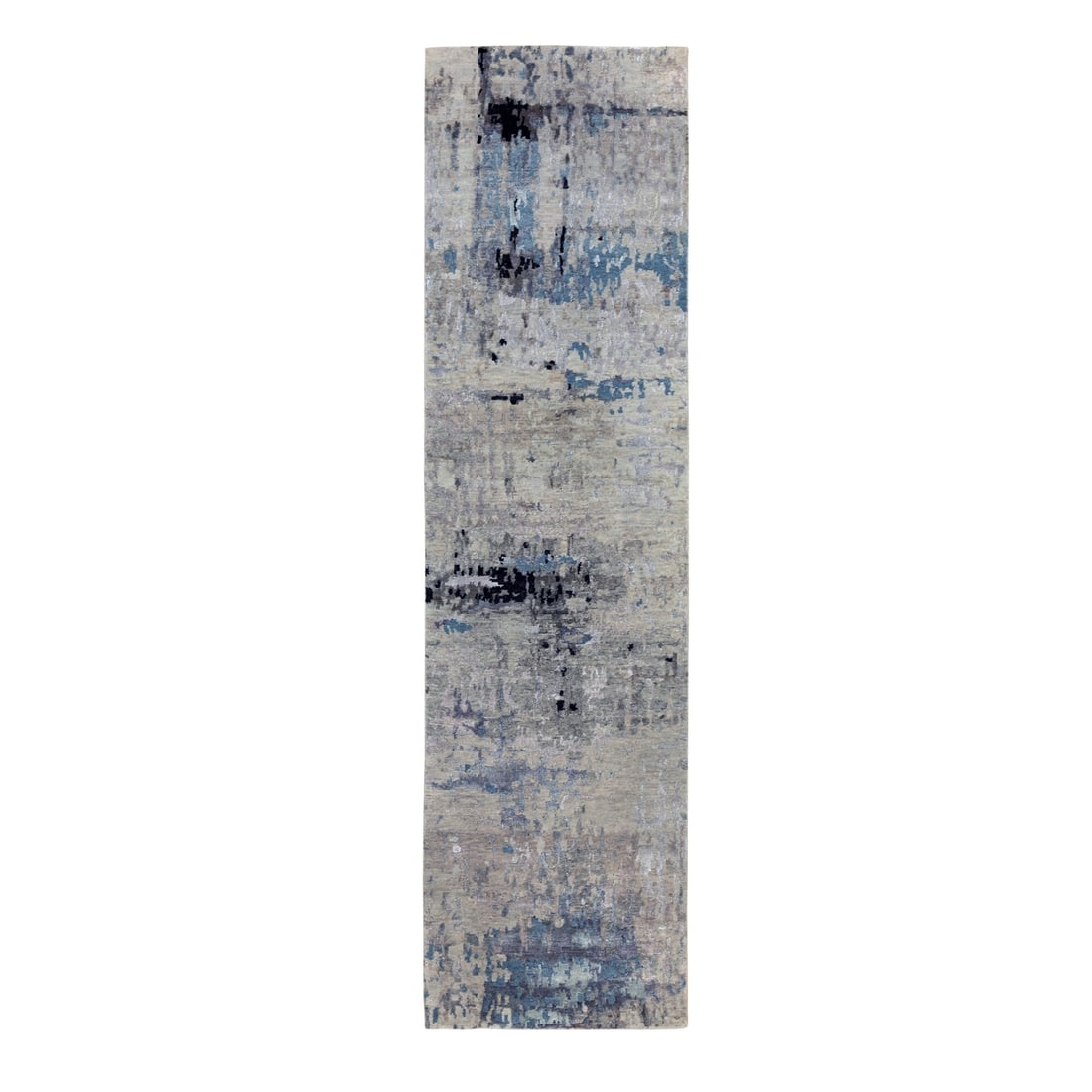 Rug 2'5"x9'9" Abstract Design Silver-Blue Hand Knotted Wool-Silk Runner: Rug 2'5"x9'9" Abstract Design Silver-Blue Hand Knotted Wool-Silk Runner This listing features Rug 2'5"x9'9" Abstract Design Silver-Blue Hand Knotted Wool-Silk Runner. Item specifics are provided below