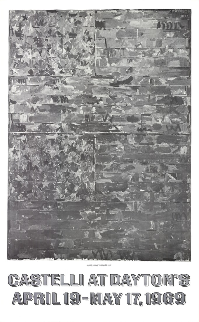 Gray JASPER JOHNS Two Flags 37" x 23" Poster 1969 Pop Art Black & White (1 of 4)