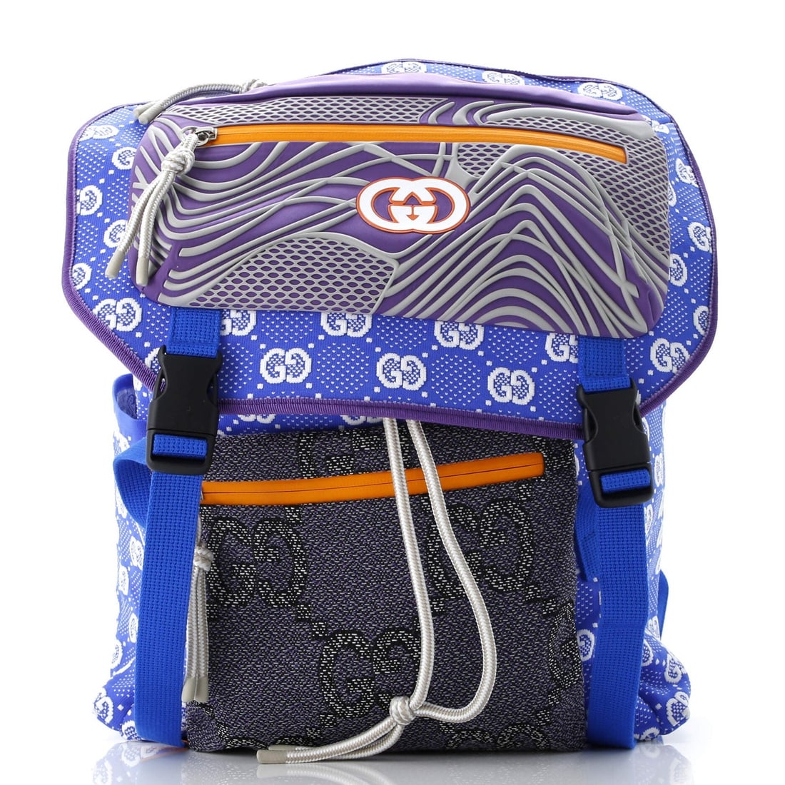 Large Gucci Panelled Double Buckle Backpack GG Jacquard Nylon and Rubber: Large Gucci Panelled Double Buckle Backpack GG Jacquard Nylon and Rubber This listing features Large Gucci Panelled Double Buckle Backpack GG Jacquard Nylon and Rubber. Item specifics are provided bel