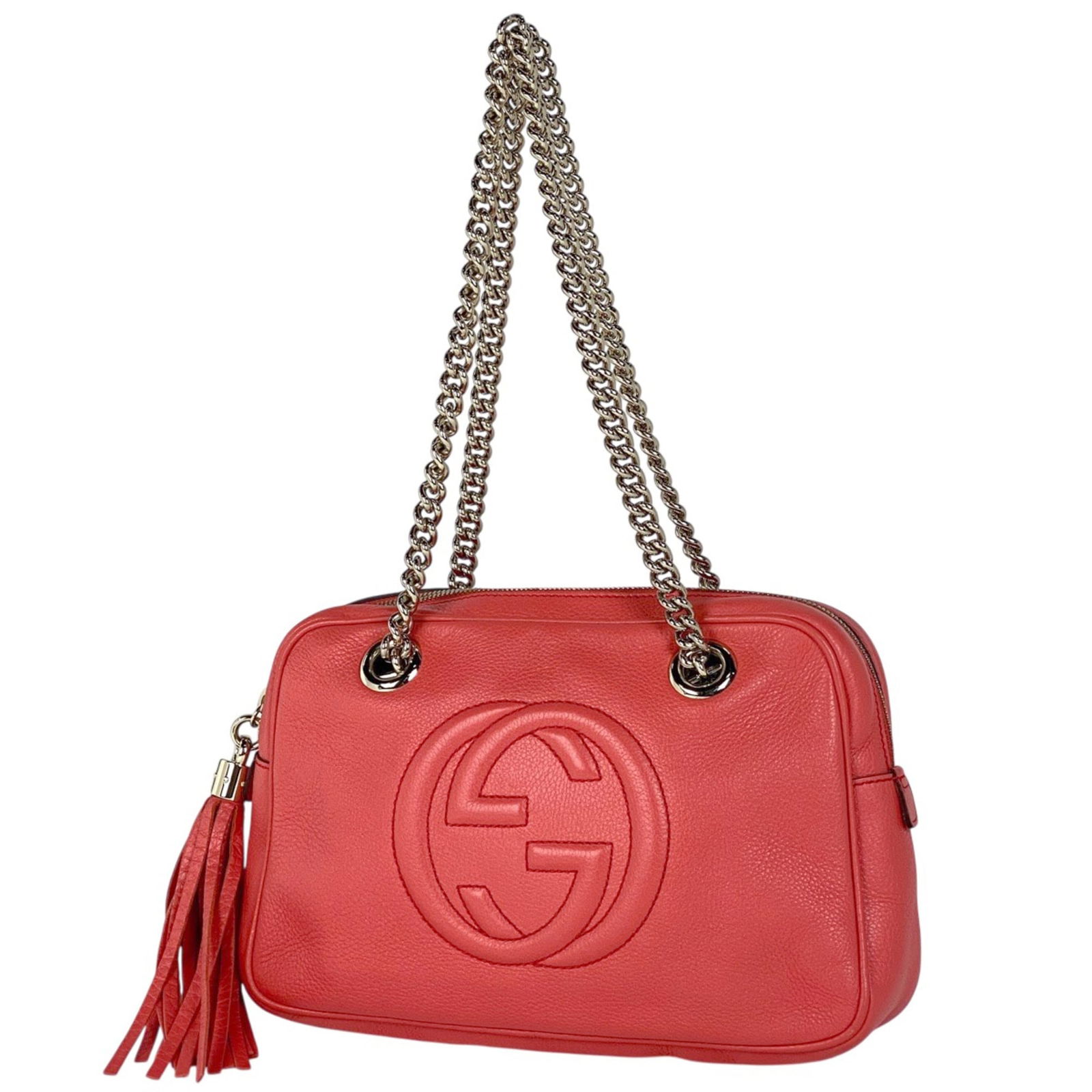 Leather Gucci Shoulder Bag: Leather Gucci Shoulder Bag This listing features Leather Gucci Shoulder Bag. Item specifics are provided below. Item Specifics: Brand: Gucci Type: Shoulder Bag Material: Leather Color: Pink Gender: Wo