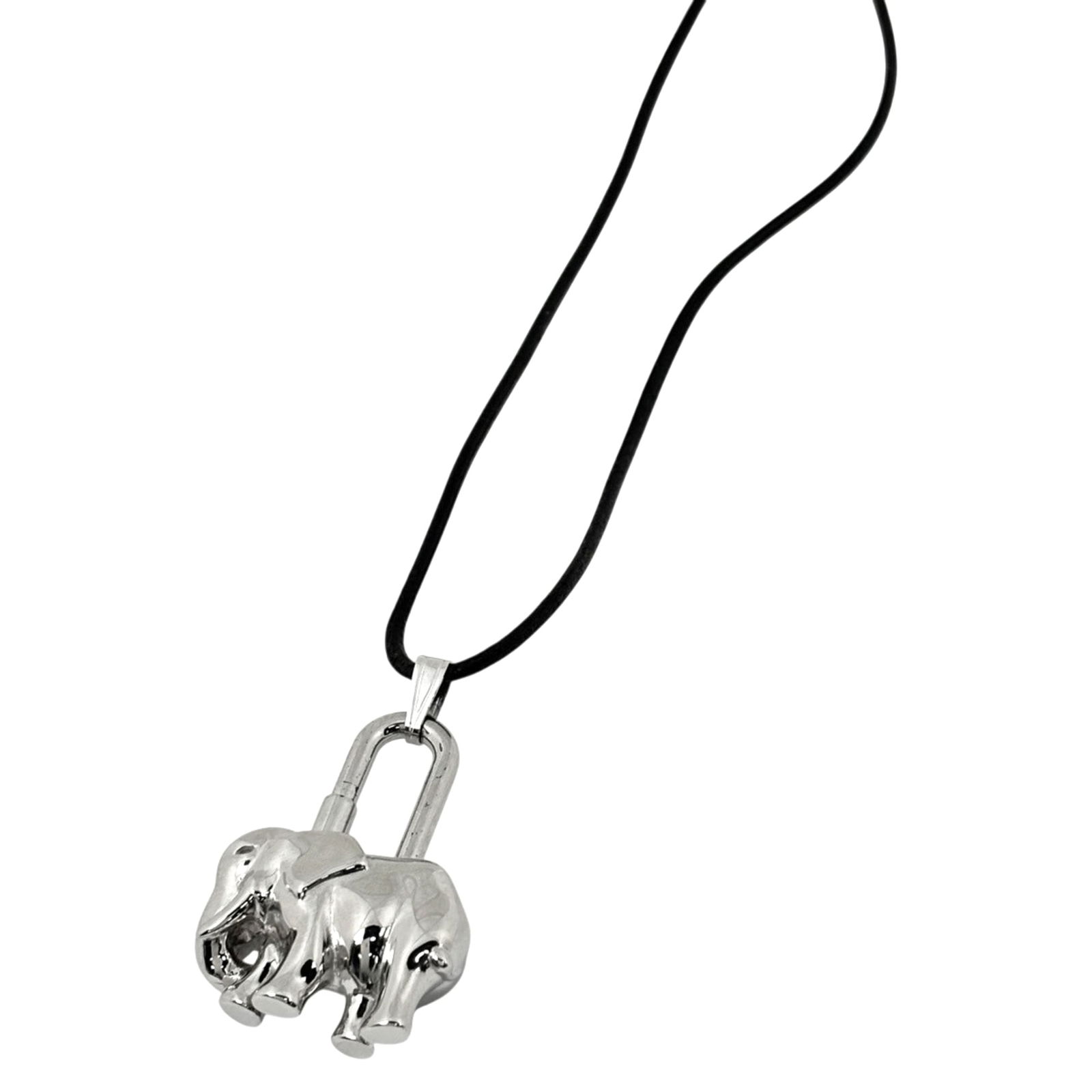 Women's - Hermes Herms Elephant Motif Necklace with Padlock - Metal - Leather - Silver - Black: Women's - Hermes Herms Elephant Motif Necklace with Padlock - Metal - Leather - Silver - Black This listing features Women's - Hermes Herms Elephant Motif Necklace with Padlock - Metal - Leather -