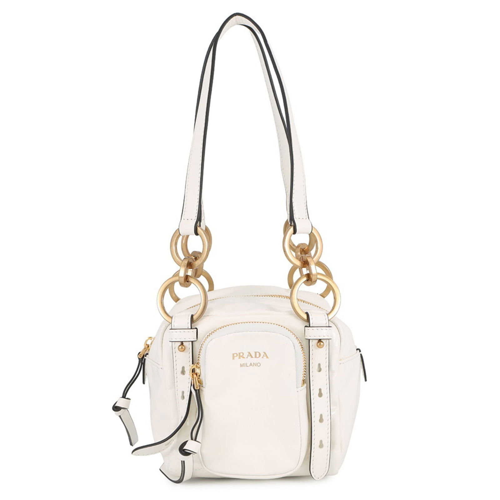 Leather Prada Handbag: Leather Prada Handbag This listing features Leather Prada Handbag. Item specifics are provided below. Item Specifics: Brand: Prada Type: Handbag Material: Leather Color: White Hardware Color: Gold Clo