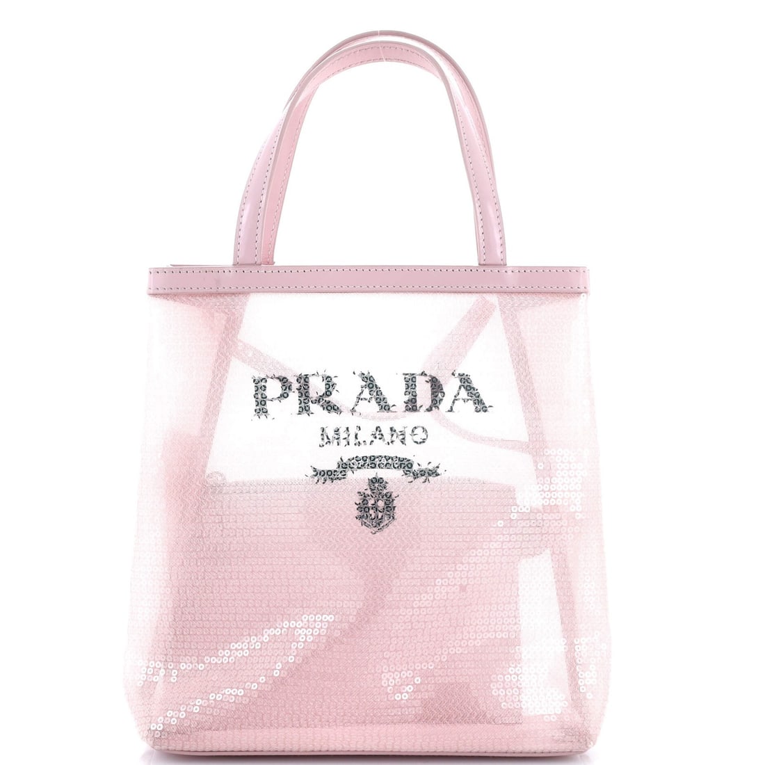 Small Prada Logo Open Tote Sequined Mesh: Small Prada Logo Open Tote Sequined Mesh This listing features Small Prada Logo Open Tote Sequined Mesh. Item specifics are provided below. Item Specifics: Brand: Prada Exterior Material: Mesh Sequins