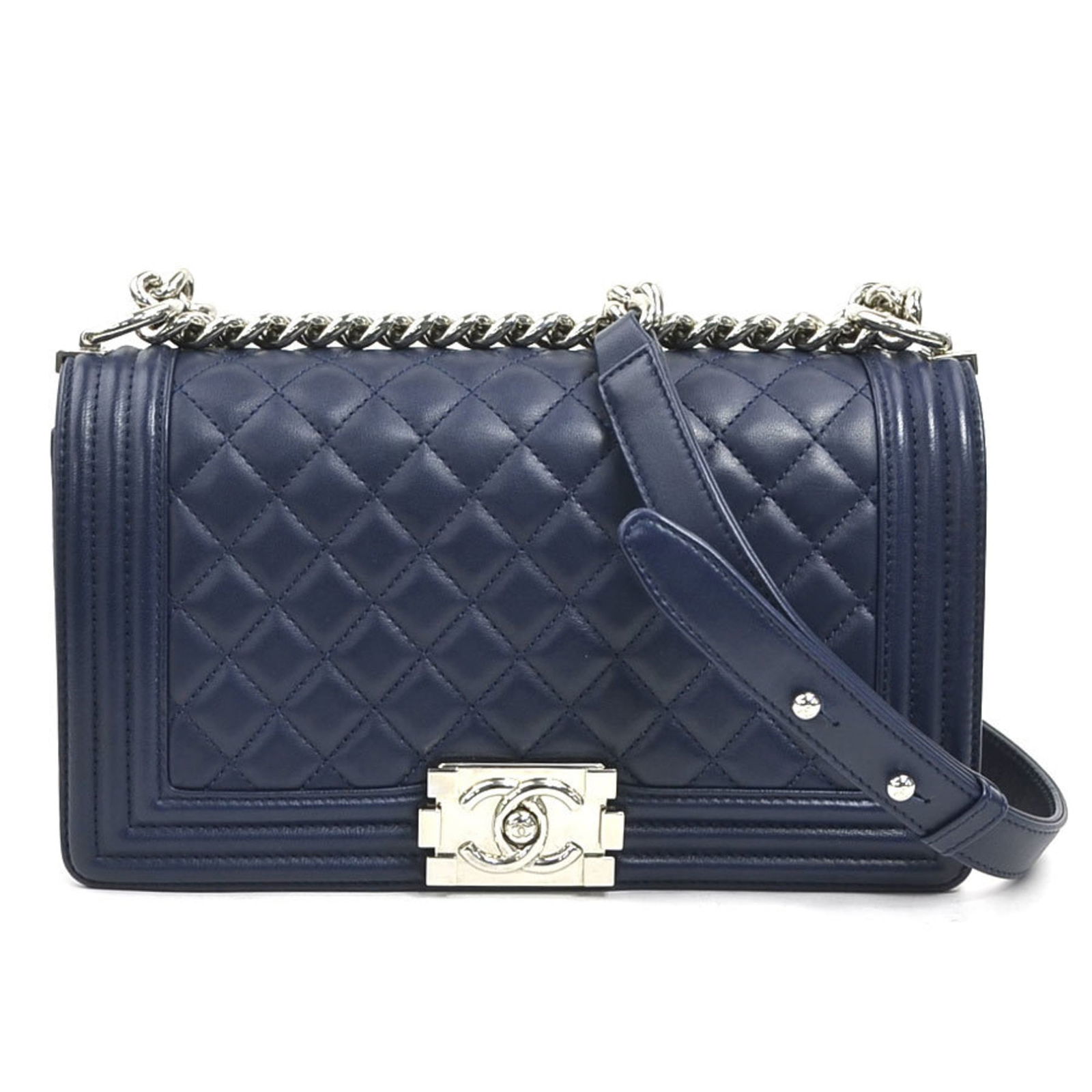 Leather Chanel Shoulder Bag: Leather Chanel Shoulder Bag This listing features Leather Chanel Shoulder Bag. Item specifics are provided below. Item Specifics: Brand: Chanel Type: Shoulder Bag Material: Leather Color: Navy Hardwar