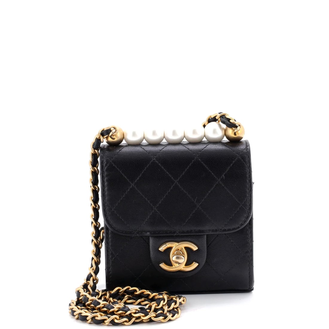 Mini Chanel Chic Pearls Flap Clutch with Chain Quilted Goatskin: Mini Chanel Chic Pearls Flap Clutch with Chain Quilted Goatskin This listing features Mini Chanel Chic Pearls Flap Clutch with Chain Quilted Goatskin. Item specifics are provided below. Item Specifics