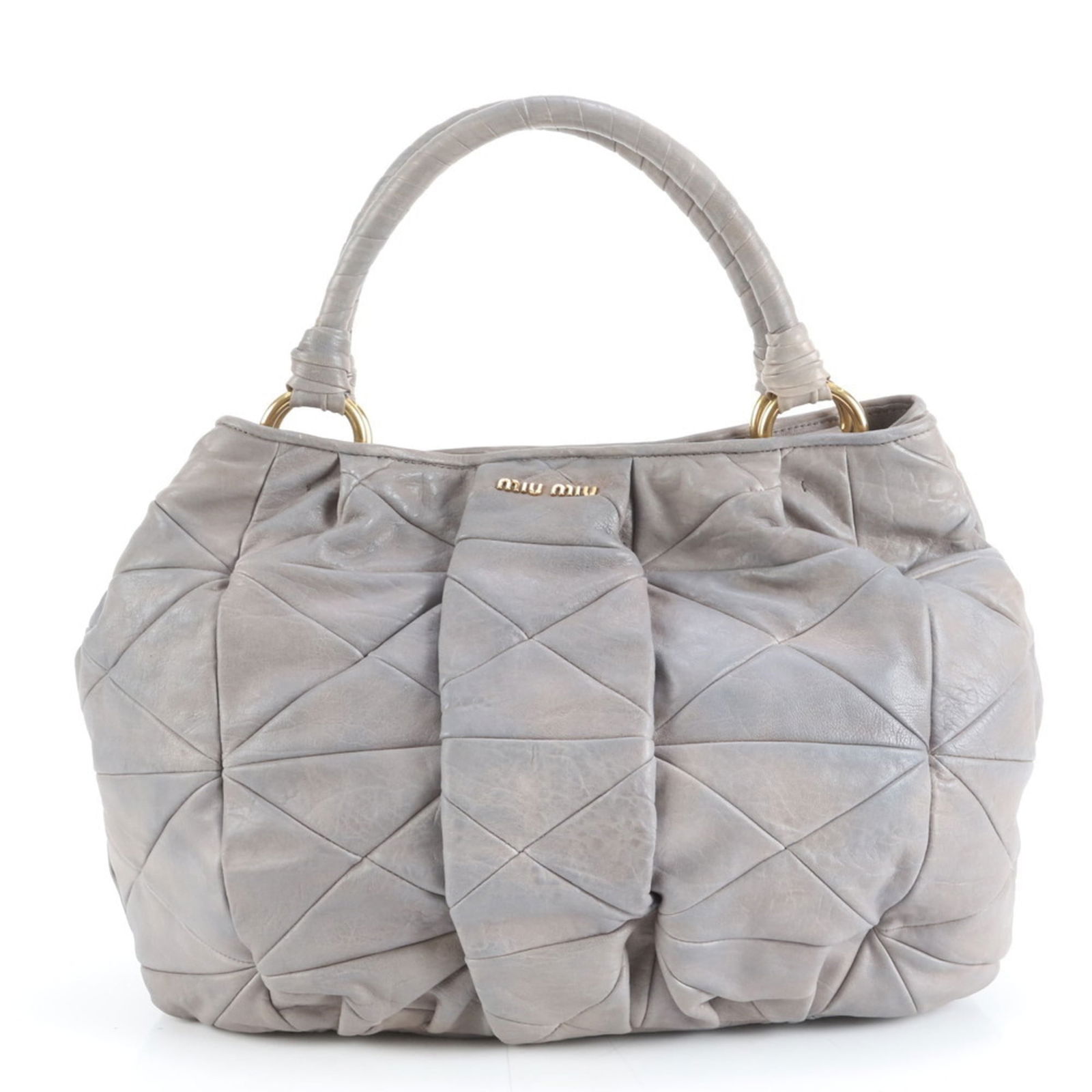 Leather Miu Tote Bag: Leather Miu Tote Bag This listing features Leather Miu Tote Bag. Item specifics are provided below. Item Specifics: Brand: Miu Miu Type: Tote Bag Material: Leather Color: Gray Gender: Women Size (Hxwx