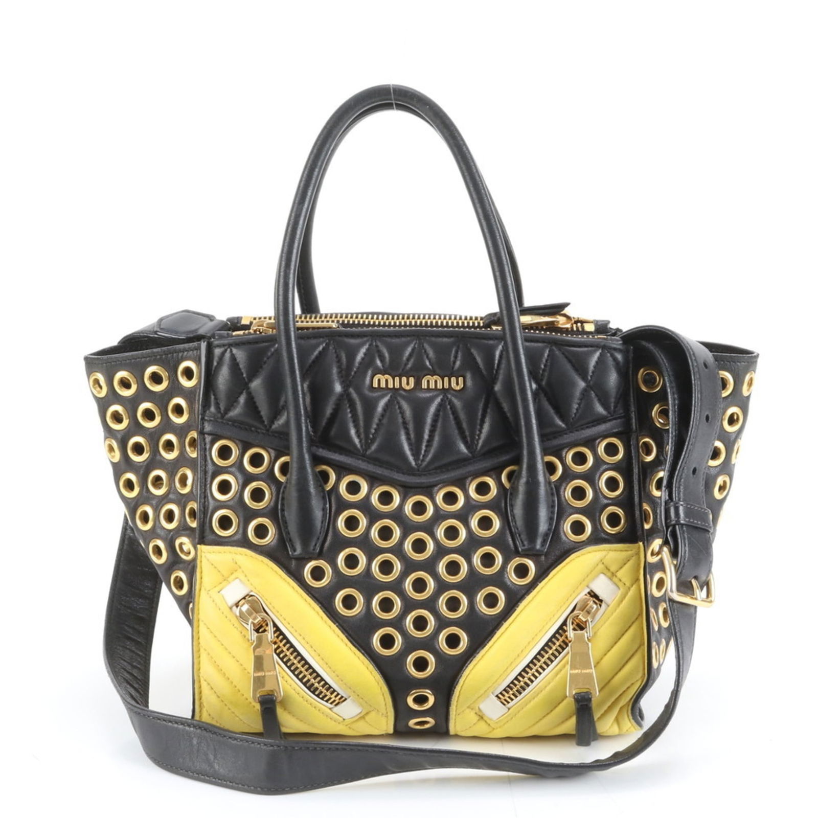 Leather Miu Shoulder Bag: Leather Miu Shoulder Bag This listing features Leather Miu Shoulder Bag. Item specifics are provided below. Item Specifics: Brand: Miu Miu Type: Shoulder Bag Material: Leather Color: Black, Yellow Gen