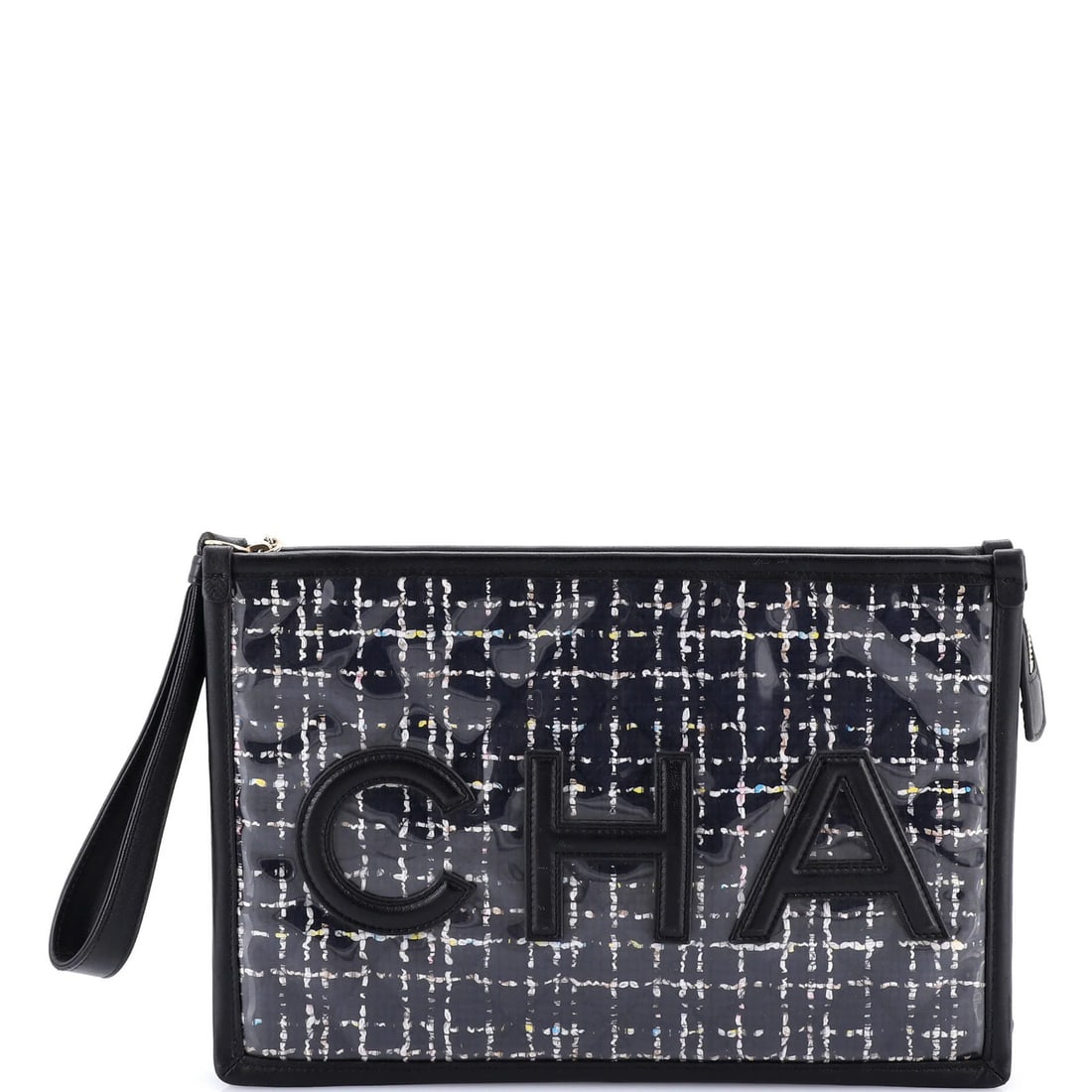 Large Chanel Logo Wristlet Clutch PVC Over Quilted Tweed: Large Chanel Logo Wristlet Clutch PVC Over Quilted Tweed This listing features Large Chanel Logo Wristlet Clutch PVC Over Quilted Tweed. Item specifics are provided below. Item Specifics: Brand: