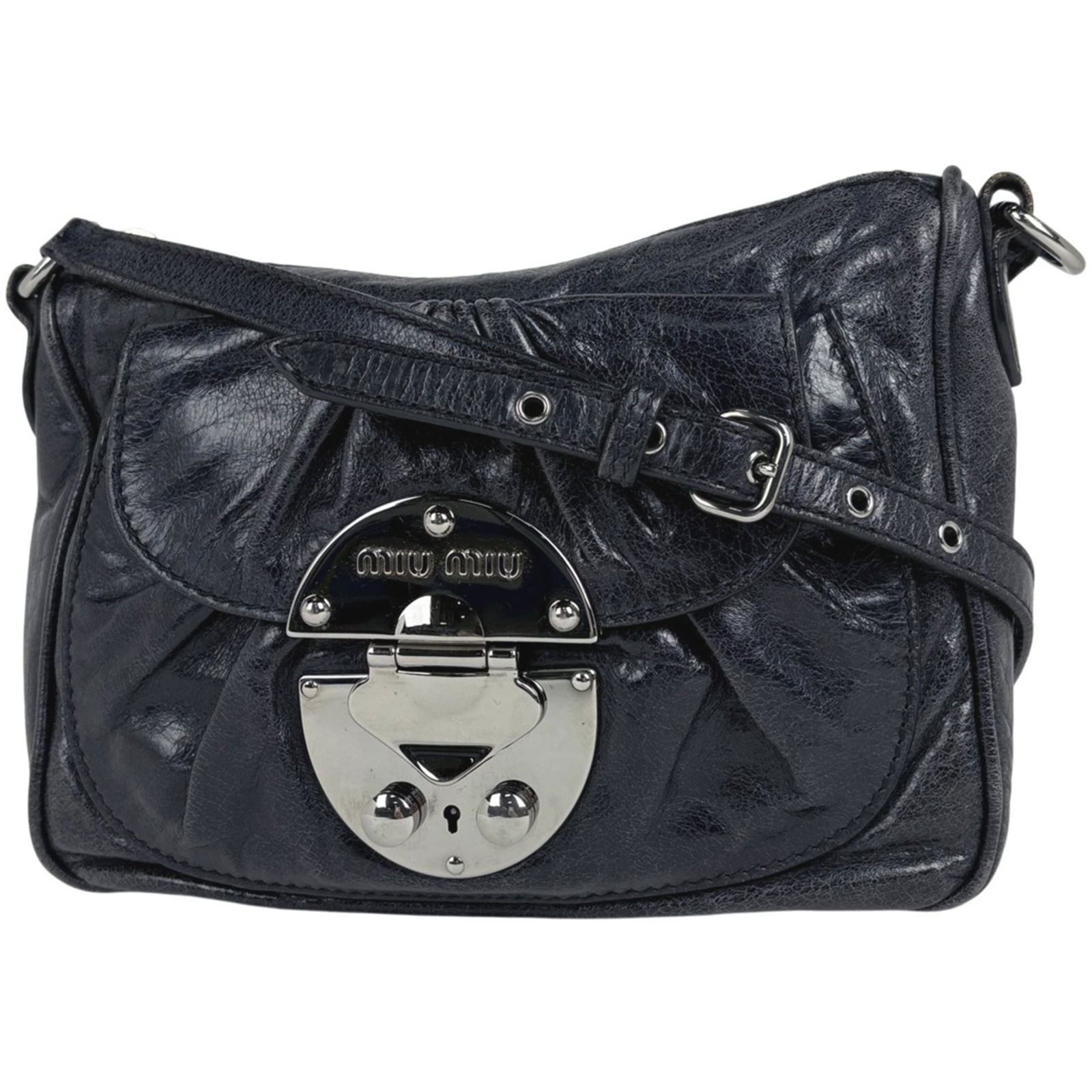 Leather Miu Shoulder Bag: Leather Miu Shoulder Bag This listing features Leather Miu Shoulder Bag. Item specifics are provided below. Item Specifics: Brand: Miu Miu Type: Shoulder Bag Material: Leather Color: Navy Gender:
