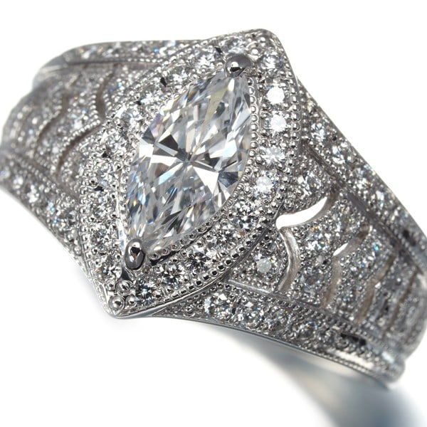 Platinum Diamond 0.717Ct/ 0.40Ct Marquise-Cut Milgrain Ring 900 (1 of 6)