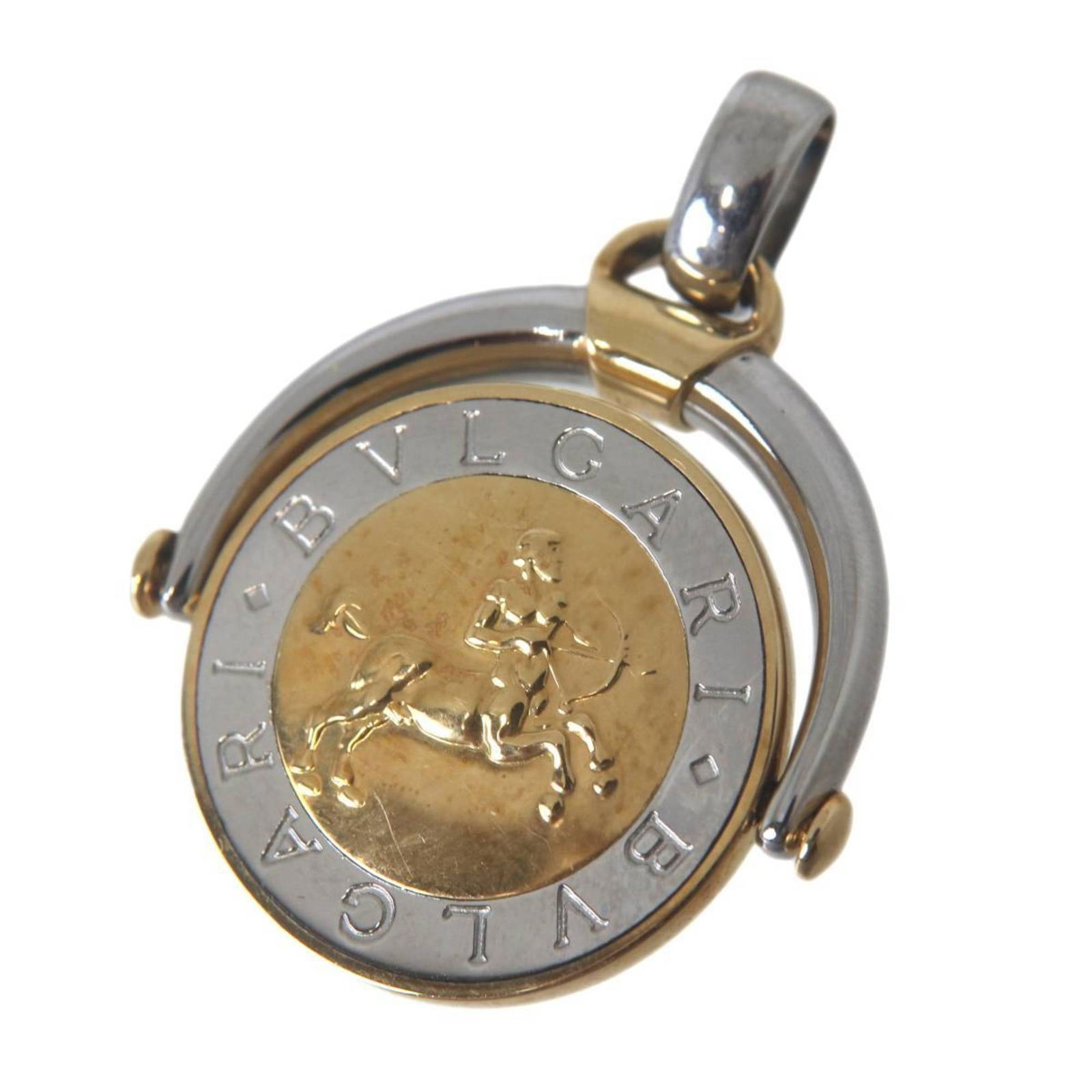 Total Weight: Approx. 13.5g - BVLGARI 18K Stainless Steel Sagittarius Horoscope Pendant - and Gold: Total Weight: Approx. 13.5g - BVLGARI 18K Stainless Steel Sagittarius Horoscope Pendant - and Gold (750 Stamped) This listing features Total Weight: Approx. 13.5g - BVLGARI 18K Stainless Steel