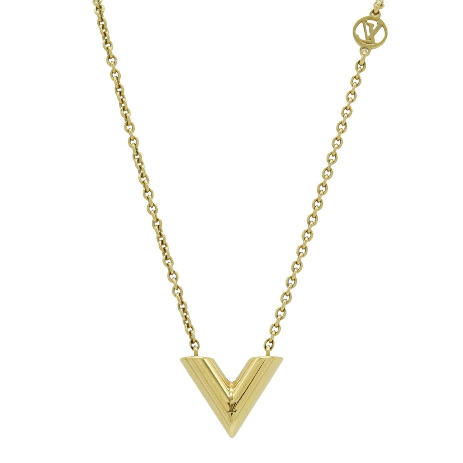(M00857) LOUIS VUITTON Essential V Pendant Necklace in GP Gold: (M00857) LOUIS VUITTON Essential V Pendant Necklace in GP Gold This listing features (M00857) LOUIS VUITTON Essential V Pendant Necklace in GP Gold. Item specifics are provided below. Item