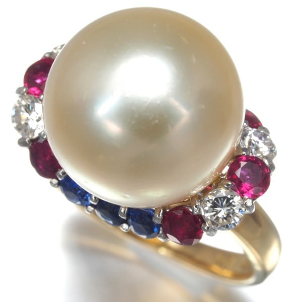900 Semi-Golden Pearl South Sea Pearl Diamond Ruby Sapphire Ring 18K Yg/ Pt (1 of 5)