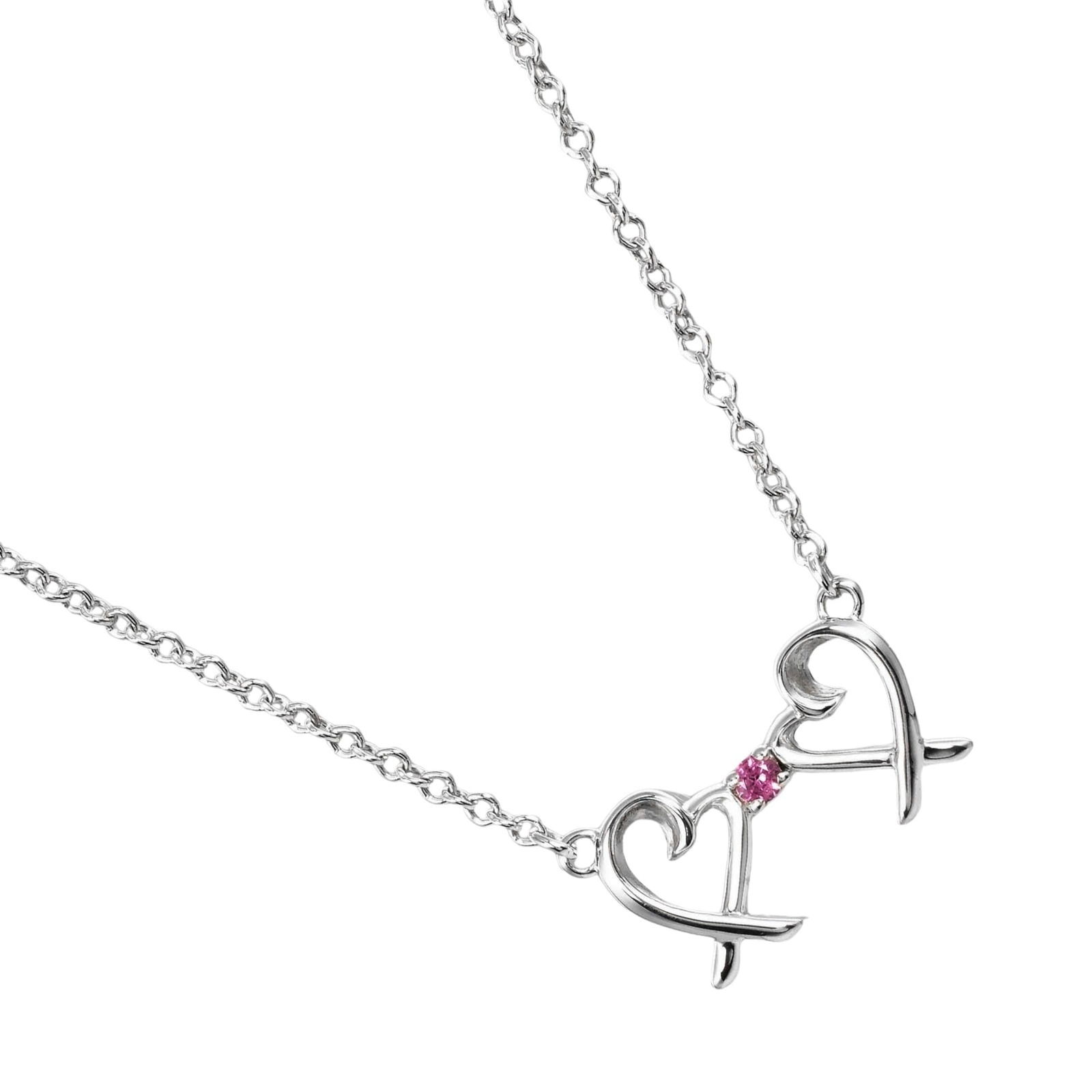 Approx. 1.38g - Tiffany & Co. Double Loving Heart Necklace in 925 Sterling Silver with Pink Sapphire: Approx. 1.38g - Tiffany & Co. Double Loving Heart Necklace in 925 Sterling Silver with Pink Sapphire This listing features Approx. 1.38g - Tiffany & Co. Double Loving Heart Necklace in 925 Sterling Si