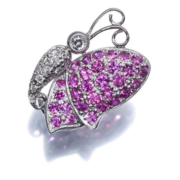 Gold Ruby 0.991Ct Diamond 0.13Ct Paved Butterfly Brooch 18K 750 White (1 of 4)