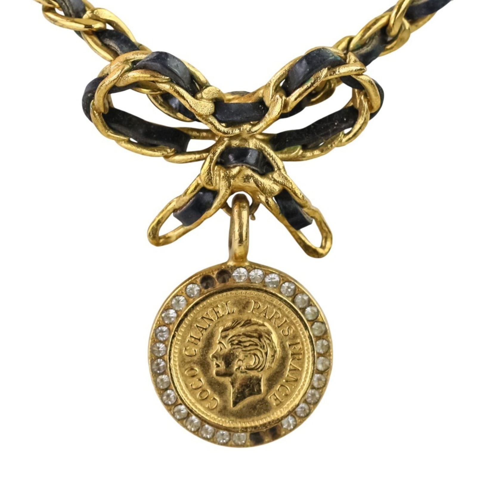 Women's 96P CHANEL Vintage Coin Ribbon Choker Necklace GP Gold and Black (1 of 15)