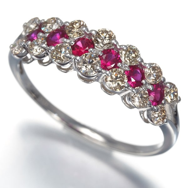 Gold Ruby 0.31Ct Brown Diamond 0.69Ct Flower Ring 18K 750 White (1 of 4)