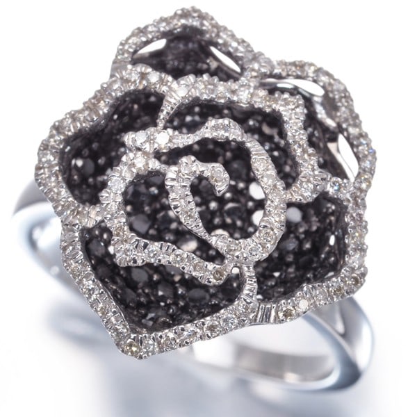 Gold Black&Clear Diamond 1.00Ct Rose Paved Ring 18K 750 White (1 of 5)