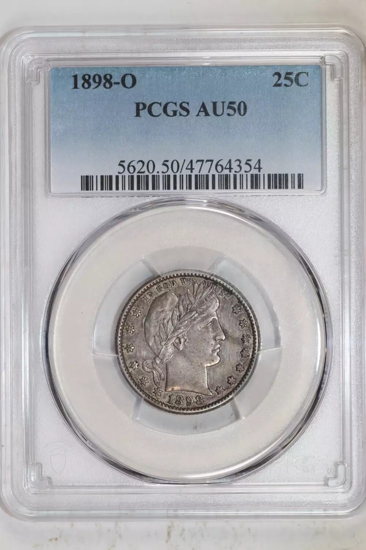 AU50 1898-O BARBER QUARTER PCGS: AU50 1898-O BARBER QUARTER PCGS This listing features AU50 1898-O BARBER QUARTER PCGS. Item specifics are provided below. Item Specifics: Country Of Origin: USA Certification: PCGS Composition: Silver