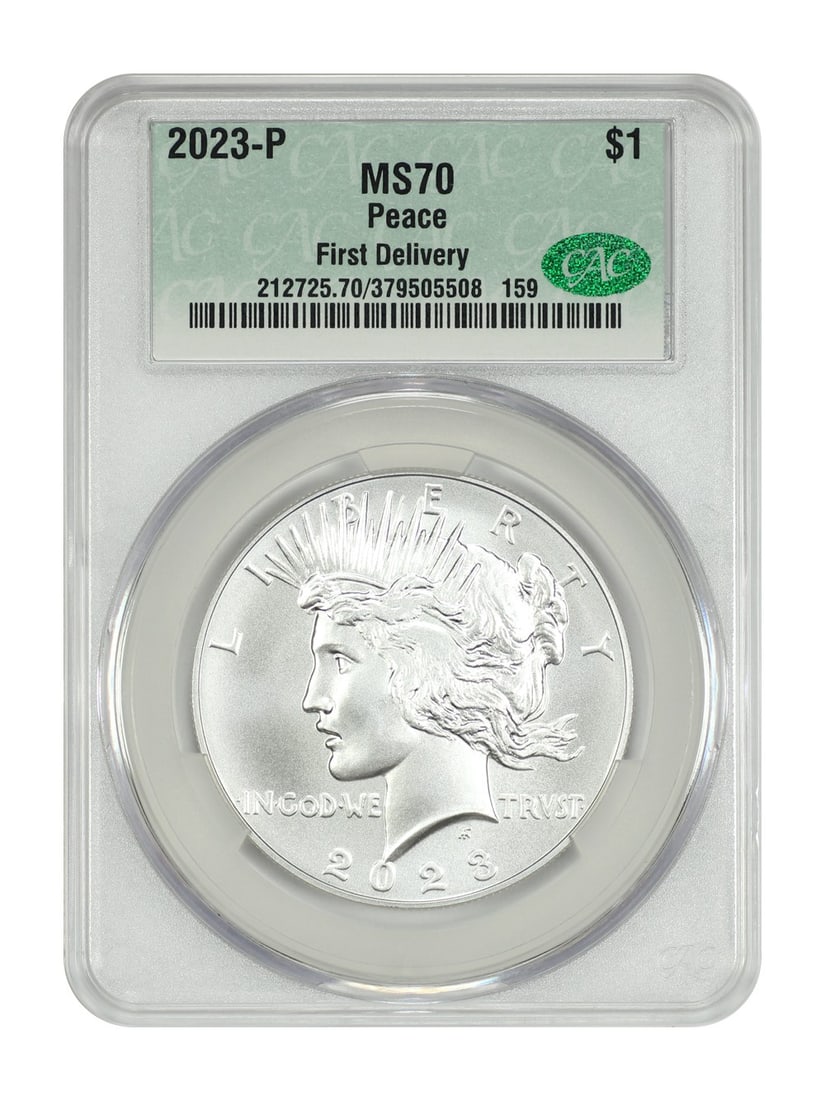 Delivery) 2023-P $1 Peace Dollar CACG MS70 (First: Delivery) 2023-P $1 Peace Dollar CACG MS70 (First This listing features Delivery) 2023-P $1 Peace Dollar CACG MS70 (First. Item specifics are provided below. Item Specifics: Certification: CACG Certif