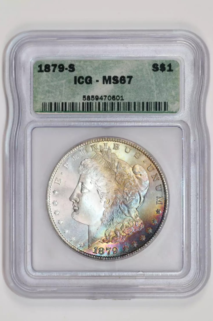TONING 1879-S MORGAN DOLLAR ICG MS67 RAINBOW: TONING 1879-S MORGAN DOLLAR ICG MS67 RAINBOW This listing features TONING 1879-S MORGAN DOLLAR ICG MS67 RAINBOW. Item specifics are provided below. Item Specifics: Country Of Origin: USA Certification