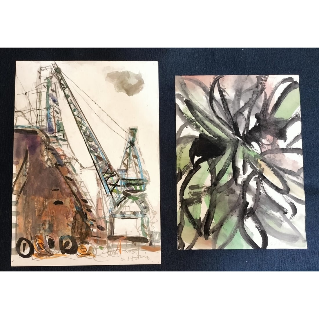 Art Sadaharu Horio 2000 2005 Set of 2 Kobe Dock Ship & Flower Signed Moden (1 of 10)