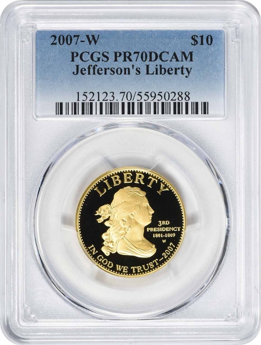 PCGS 2007-W Jefferson's Liberty First Spouse $10 Gold PR70DCAM: PCGS 2007-W Jefferson's Liberty First Spouse $10 Gold PR70DCAM This listing features PCGS 2007-W Jefferson's Liberty First Spouse $10 Gold PR70DCAM. Item specifics are provided below. Item Specifics:
