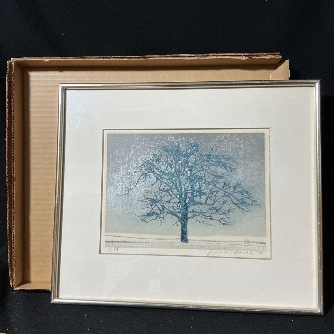 Framed Joichi Hoshi Winter Tree Woodblock Print 1976 Signed (1 of 7)