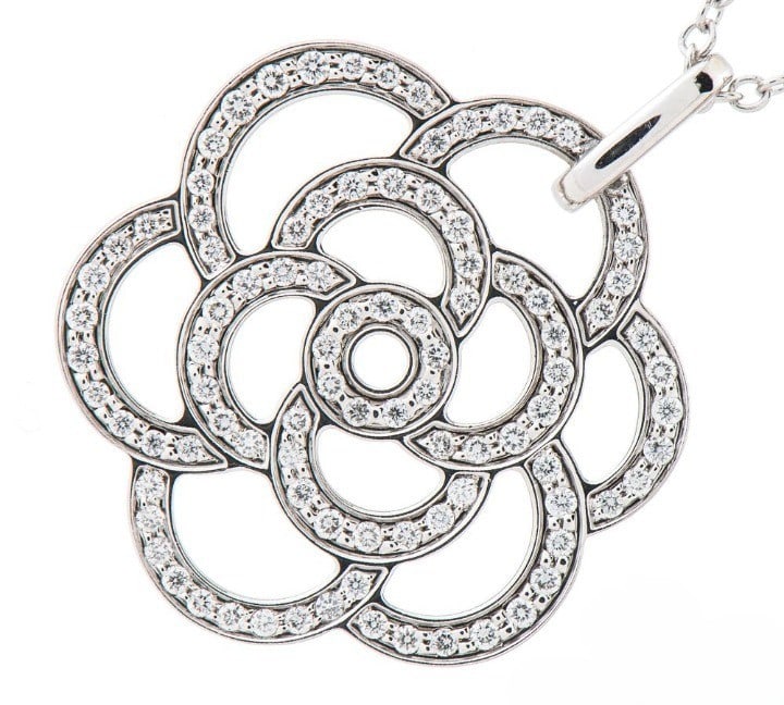 Rare CHANEL Camellia Diamond Necklace White Gold Pendant 17.3 inches in: Rare CHANEL Camellia Diamond Necklace White Gold Pendant 17.3 inches in This listing features Rare CHANEL Camellia Diamond Necklace White Gold Pendant 17.3 inches in. Item specifics are provided below