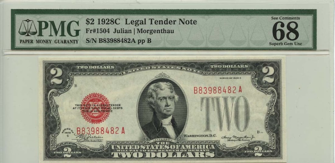 68 1928C $2 Legal Tender Note Red Seal Fr# 1504 PMG Superb Gem (1 of 1)