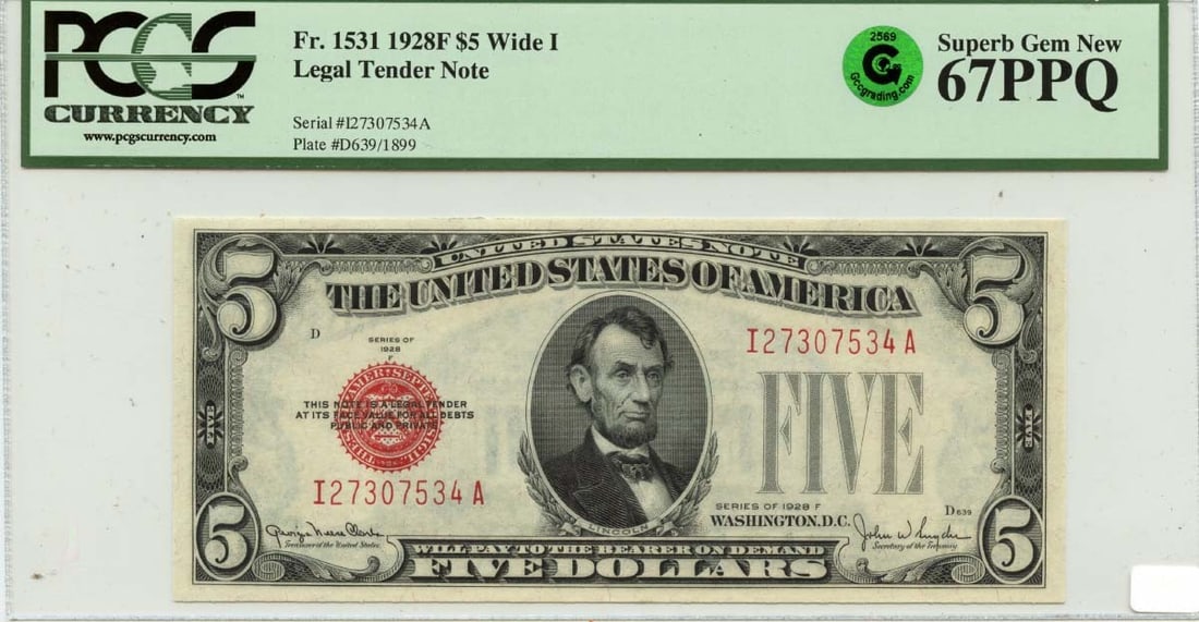 Green 1928F $5 Legal Tender Note PCGS 67 Superb Gem New PPQ Wide1 GCC: Green 1928F $5 Legal Tender Note PCGS 67 Superb Gem New PPQ Wide1 GCC This listing features Green 1928F $5 Legal Tender Note PCGS 67 Superb Gem New PPQ Wide1 GCC. Item specifics are provided below. It