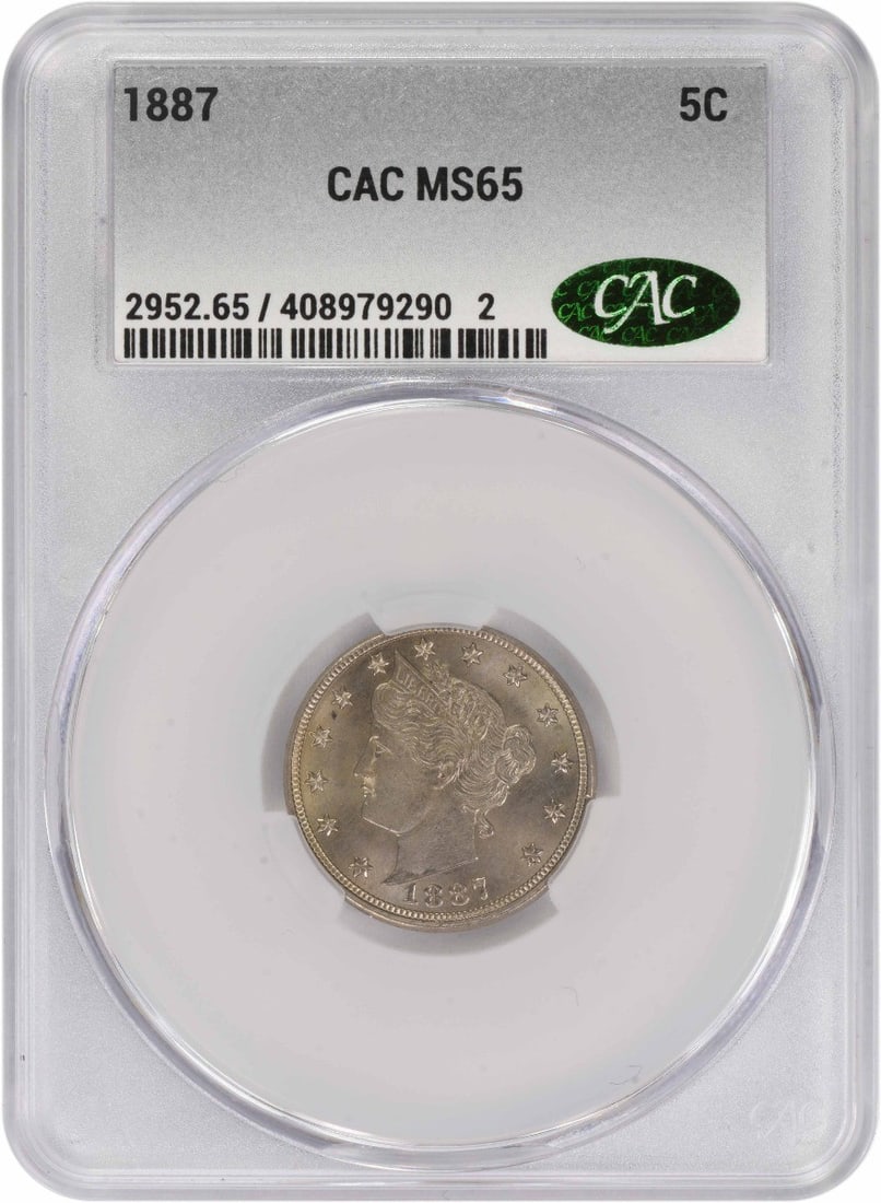 CACG 1887 Liberty Nickel MS65: CACG 1887 Liberty Nickel MS65 This listing features CACG 1887 Liberty Nickel MS65. Item specifics are provided below. Item Specifics: Country Of Origin: United States Certification: CACG Circulated/Un