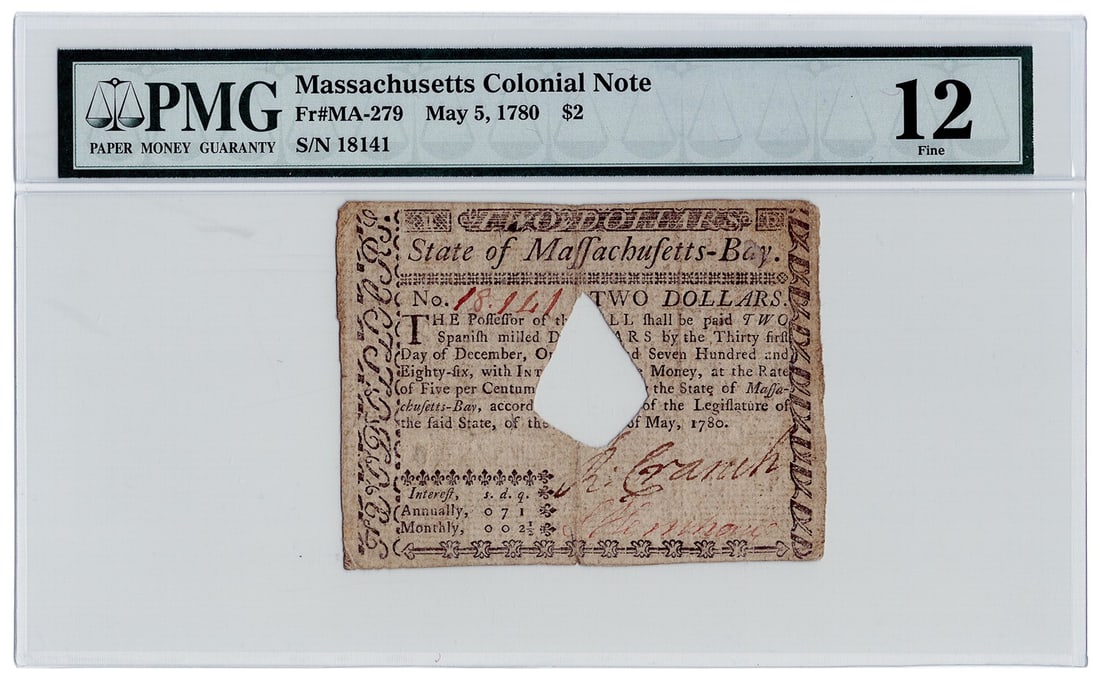 1780 $2 Massachusetts Colonial Note PMG Fine 12 (Hole Cancelle - FR. MA-279 May 5: 1780 $2 Massachusetts Colonial Note PMG Fine 12 (Hole Cancelle - FR. MA-279 May 5 This listing features 1780 $2 Massachusetts Colonial Note PMG Fine 12 (Hole Cancelle - FR. MA-279 May 5. Item specific