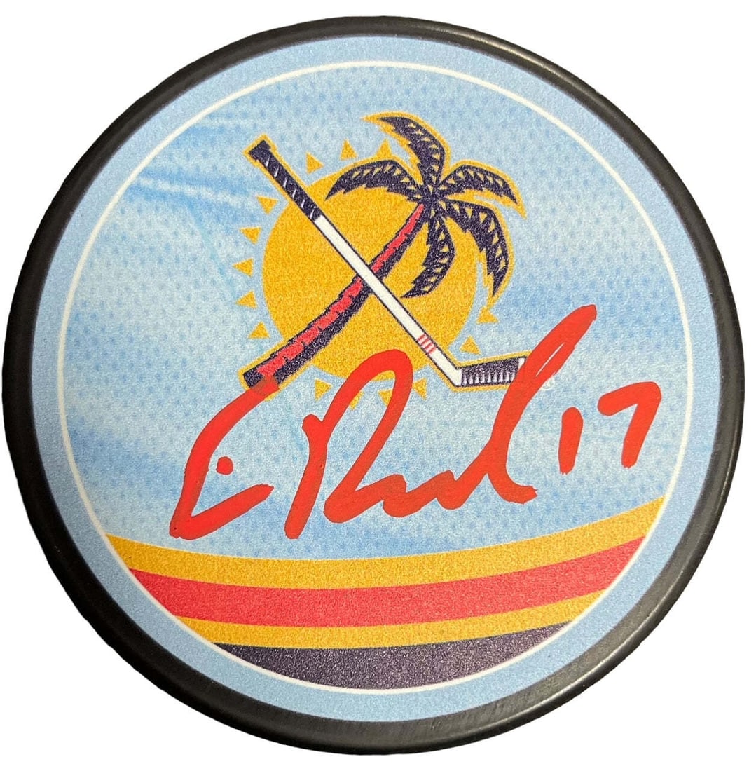 (Beckett) Evan Rodrigues Autographed Reverse Retro Florida Panthers Puck (1 of 2)