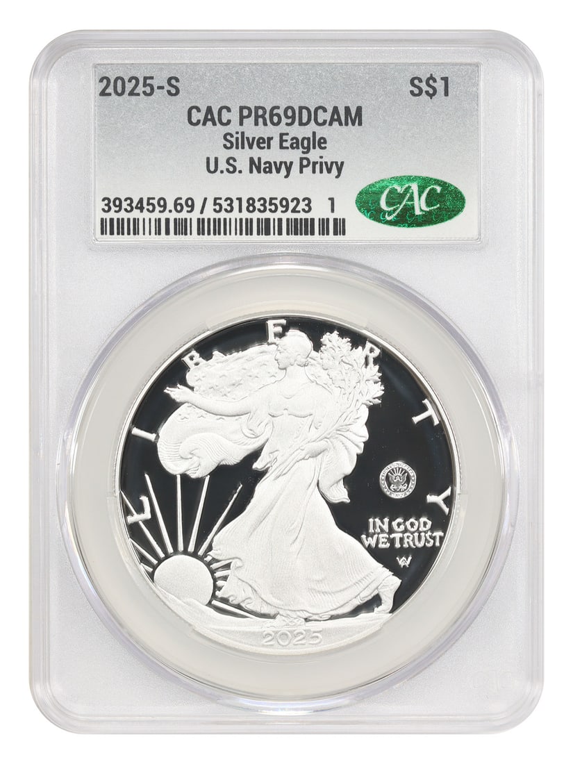 Silver Eagles - 2025-S $1 Silver Eagle CACG PR69DCAM (Navy Privy): Silver Eagles - 2025-S $1 Silver Eagle CACG PR69DCAM (Navy Privy) This listing features Silver Eagles - 2025-S $1 Silver Eagle CACG PR69DCAM (Navy Privy). Item specifics are provided below. Item Speci