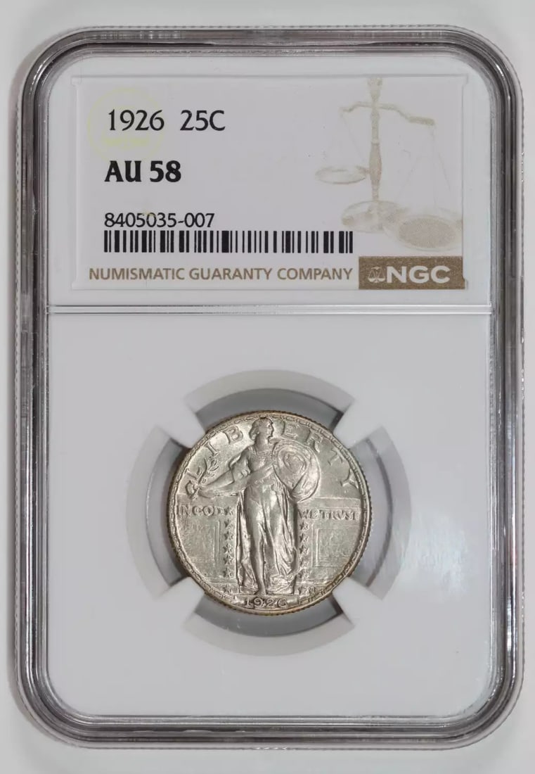 AU58 1926 STANDING LIBERTY QUARTER NGC: AU58 1926 STANDING LIBERTY QUARTER NGC This listing features AU58 1926 STANDING LIBERTY QUARTER NGC. Item specifics are provided below. Item Specifics: Country Of Origin: USA Certification: NGC Compos
