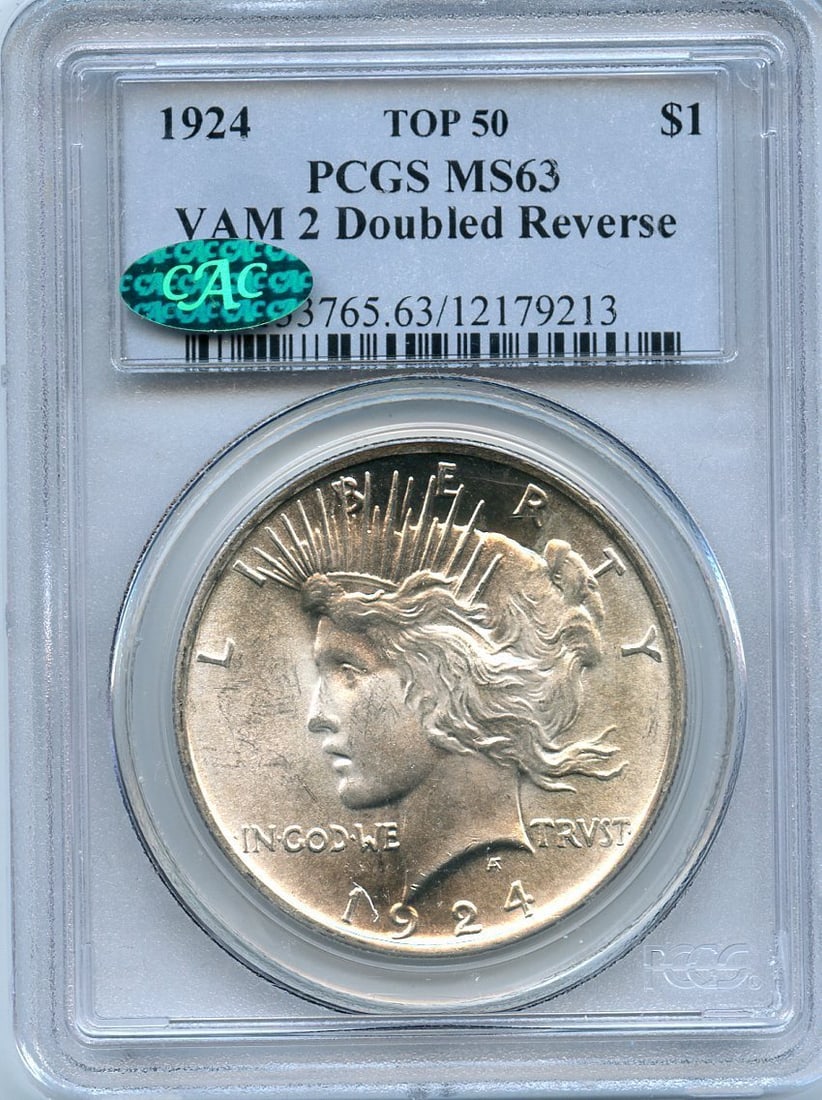 CAC C9764- 1924 VAM-2 DOUBLED REVERSE TOP 50 PEACE DOLLAR PCGS MS63: CAC C9764- 1924 VAM-2 DOUBLED REVERSE TOP 50 PEACE DOLLAR PCGS MS63 This listing features CAC C9764- 1924 VAM-2 DOUBLED REVERSE TOP 50 PEACE DOLLAR PCGS MS63. Item specifics are provided below. Item S