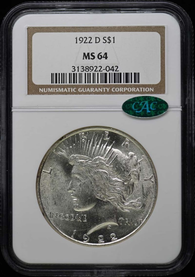 (CAC) 1922-D Peace Dollar S$1 NGC MS64: (CAC) 1922-D Peace Dollar S$1 NGC MS64 This listing features (CAC) 1922-D Peace Dollar S$1 NGC MS64. Item specifics are provided below. Item Specifics: Certification: NGC Certification Number: 3138922